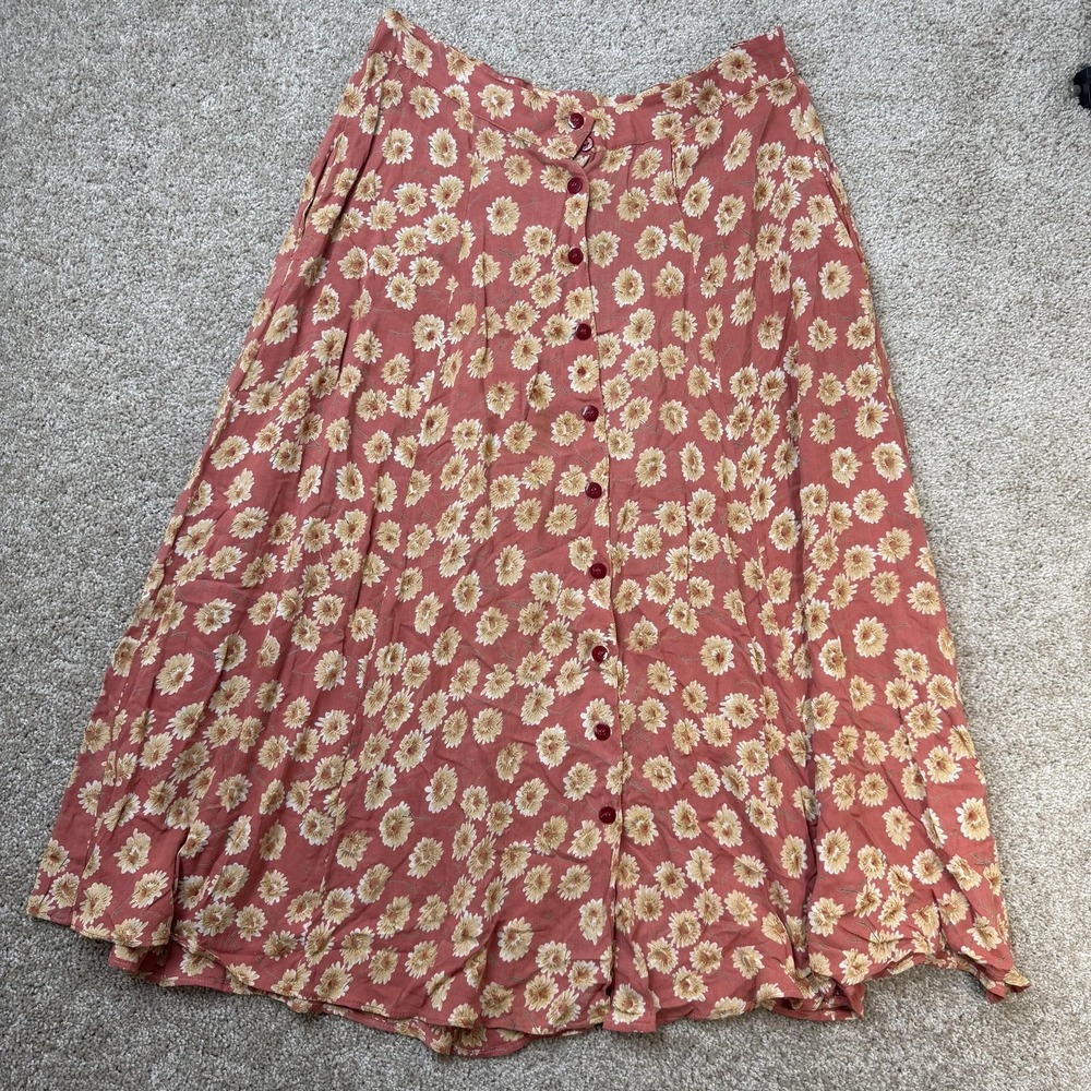 Zapp Skirt Womens Large Pink Floral Rayon A-Line Button Front Long Boho Cottage